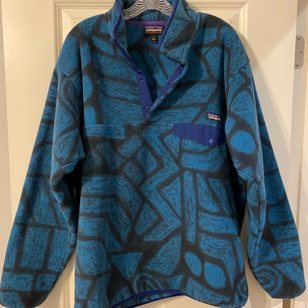 Men's Large Patagonia Blue limited edition print Synchilla Snap Fleece Pullover
